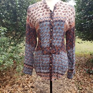 Free People Blue and Orange Patterned Button-Down Shirt